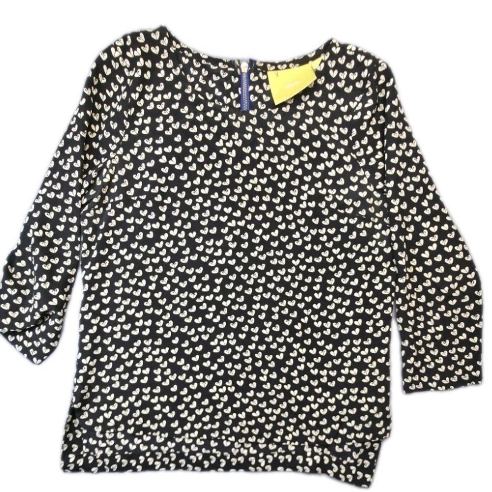 Anthropologie Maeve 100% Silk Blouse Small Black White Heart Print 3/4 Sleeve‎